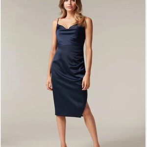 Ever New Laura Navy Stretchy Satin Ruched Midi Dress Formal Party Cocktail sz XL